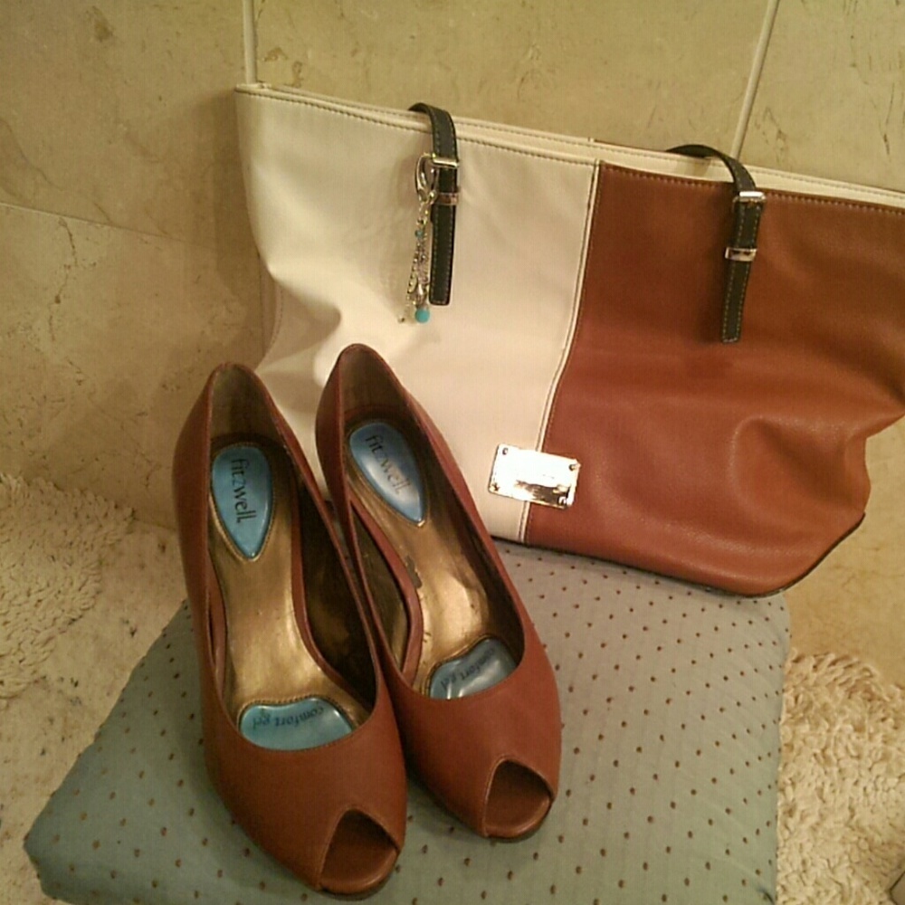 Fitzwell cognac peep toe pumps